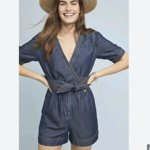 NEW Anthropologie Pilcro + the Letterpress Denim Romper Retro Tie Waist Sz 0